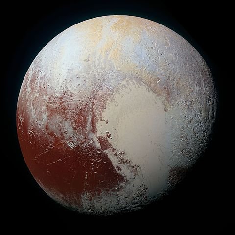 Pluto as seen from the New Horizons flyby, in enhanced colour